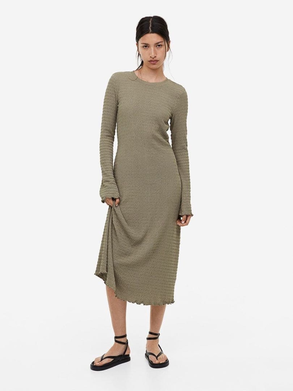 NWOT H&M WMNS L Textured Jersey MIDI Dress Khaki Olive Green Extra Long Sleeve